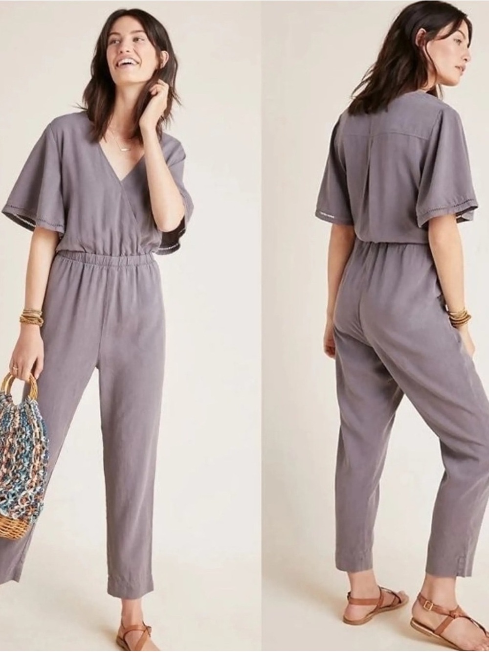 Anthropologie Cloth & Stone Grey Jumper with Embroidered Sleeves
